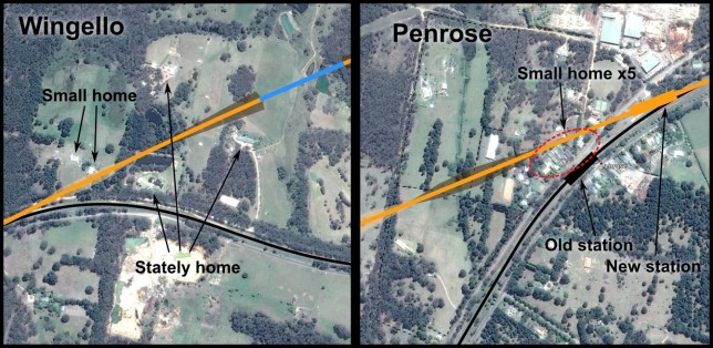Alignment detail at Wingello and Penrose showing affected properties. Imagery: Google Maps