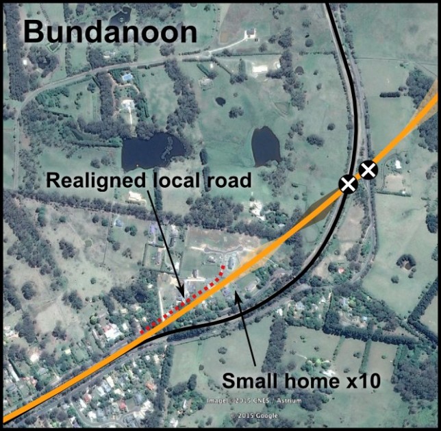 Alignment detail at east of Bundanoon, showing several properties requiring demolition.