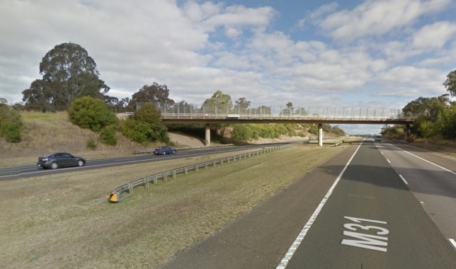 Southbound view of the Menangle Rd overpass, showing the part needing to be widened. Image: Google Maps.