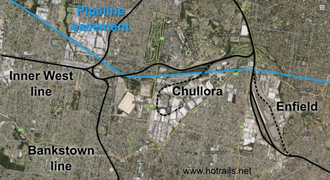 Chullora and Enfield railyards, as well as Sydney Water pipeline easement (blue). Base image: Google Maps