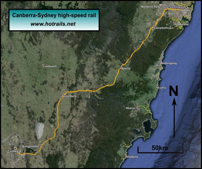 Proposed alignment for Canberra to Sydney high-speed rail - click to enlarge